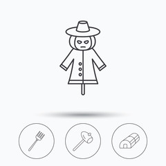 Hammer, hothouse and scarecrow icons.