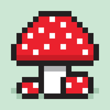 Pixel art, minimalist mushroom, big and small amanita, flat web icon, vector design object