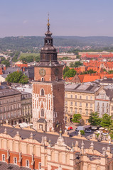 Main market square, cloth hall and town hall tower seen from above, Krakow, Poland