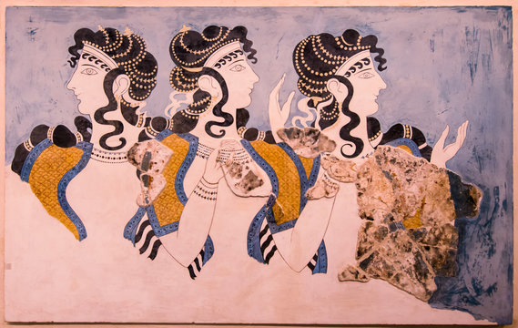 "Ladies in Blue" fresco at Knossos Palace, minoan archaeological site in Crete, Greece