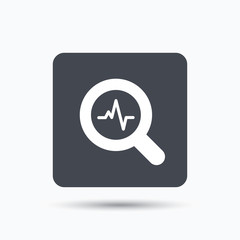 Heartbeat in magnifier icon. Cardiology symbol.