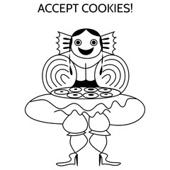 Highly stylized female figure in folk costume with puff sleeves and a wide skirt offers cookies on a tray. Above it is the inscription accept cookies!