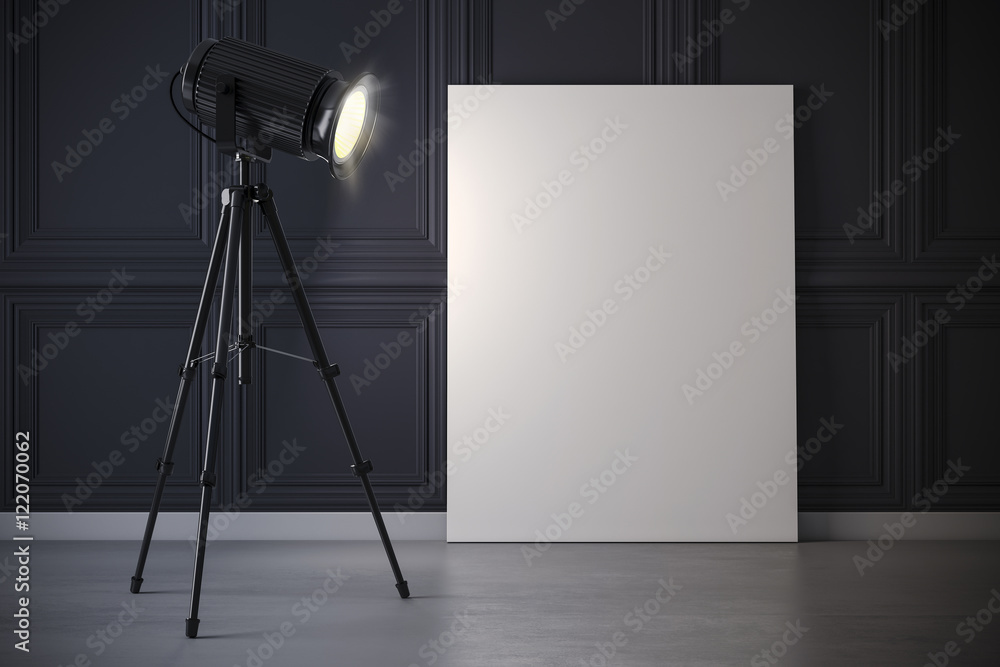 Wall mural 3d studio light projector and blank canvas frame