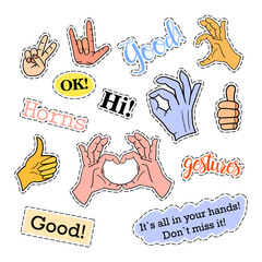Fashion patch badges. Hands set. Stickers, pins, patches and handwritten notes collection in cartoon 80s-90s comic style. Trend. Vector illustration isolated. Vector clip art.