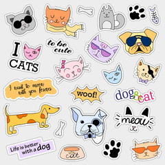 Fashion patch badges. Cat and dog set. Set of stickers, pins, patches and handwritten notes collection in cartoon 80s-90s comic style. Trend. Vector illustration isolated. Vector clip art.