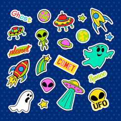 Fashion patch badges. Ufo set. Stickers, pins, patches and handwritten notes collection in cartoon 80s-90s comic style. Trend. Vector illustration isolated. Vector clip art.