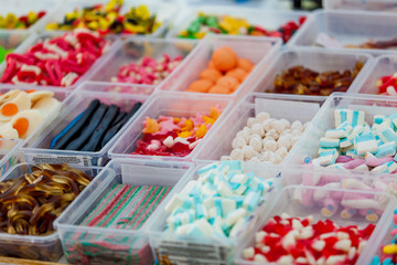 Assorted candy in a market. colorful candies and jellies
