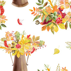 hand painted watercolor seamless pattern of autumn leaves