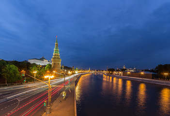 View of the Moscow Kremlin along the quay of the Moscow river. Blue hour