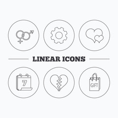 Love heart, gift bag and male with female icons.