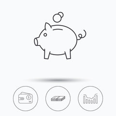 Piggy bank, cash money and dynamics chart icons.