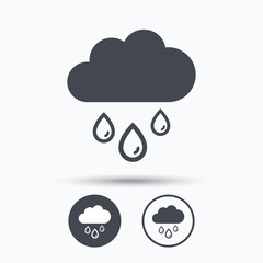 Cloud with rain drops icon. Rainy day sign.