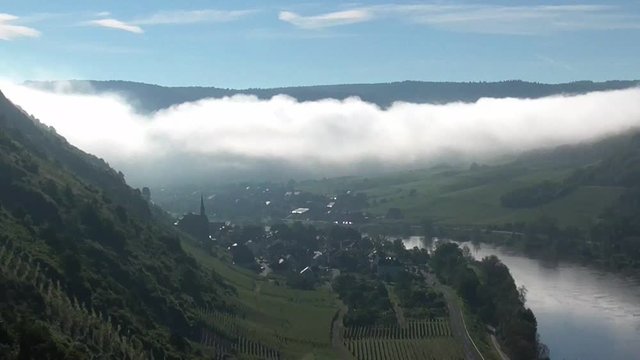 Moseltal vom Apolloweg Valwig aus im Morgennebel