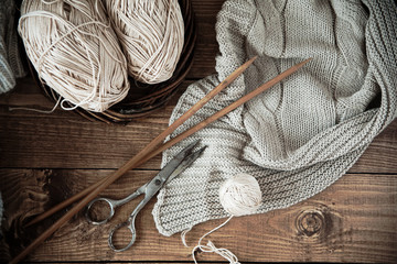ball of yarn and knitting at home