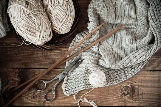 Ball Of Yarn And Knitting At Home