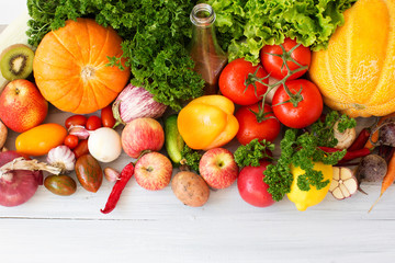 Collection fruits and vegetables isolated top view.