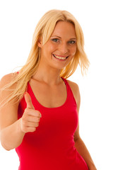 woamn in red summer dress showing thumb up as a sign for success