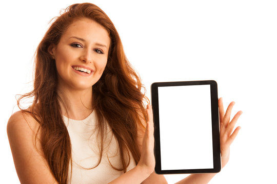 Business woman brousing the web on a tablet isolated over white