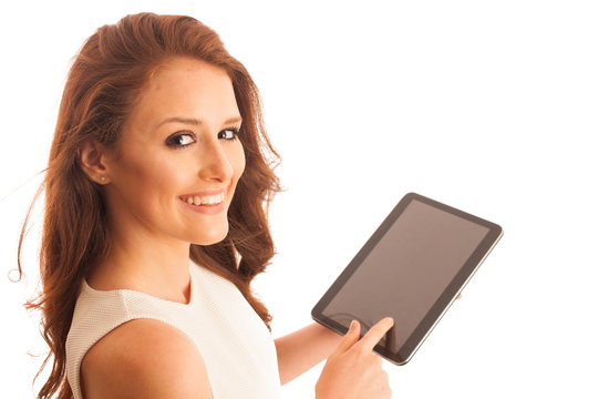 Business woman brousing the web on a tablet isolated over white