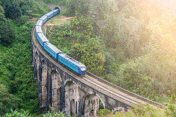 Train goes over bridge