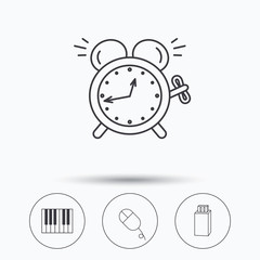 Alarm clock, USB flash and PC mouse icons.
