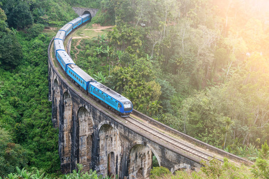 Fototapeta Train goes over bridge