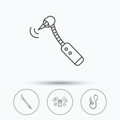 Scalpel, pills and drilling tool icons.