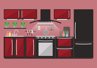Kitchen with furniture and kitchenware. Flat style vector illustration.