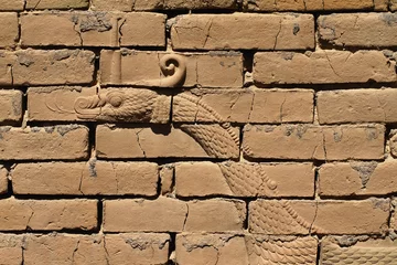 Fotobehang Rudnes Mushussu, the dragon of Marduk, depicted as bas-relief on the original Ishtar gate, ancient Babylon, Iraq.