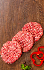 Raw Ground beef meat Burger steak cutlets on wooden table with copy space. top view