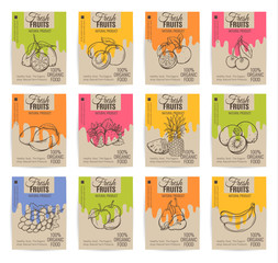 Hand drawn fruits posters set.