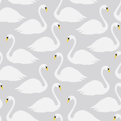 Seamless pattern with swans in white on gray background. 