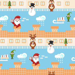 santa claus, reindeer and elf delivering christmas presents repeating pattern
