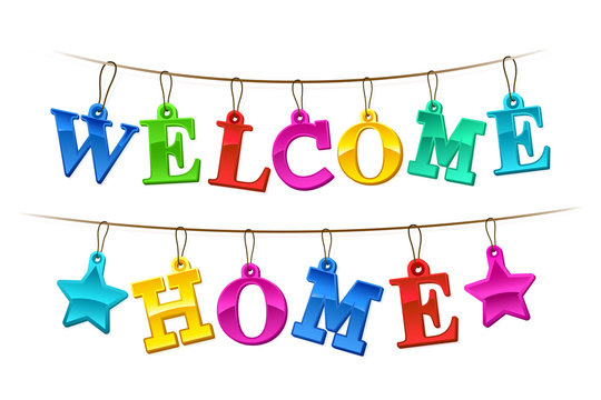 Colorful Welcome Home banner with tags
