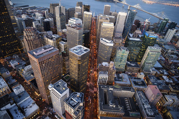 Aerial view of cityscape at dusk