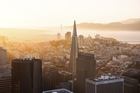 Transamerica Pyramid and cityscape during sunset