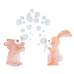 Cute Animal Watercolor illustration Bubbles Water Kids Baby Hand-painted Animals Isolated