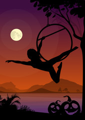 Halloween Style Silhouette of Air Gymnast . Black vector silhouette of female aerial hoop performer in front of river and full moon at night. © VeronikaBy