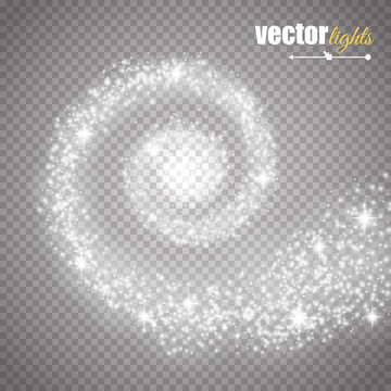 Abstract vector magic glow star light effect with neon blur curved lines. Sparkling dust star trail with bokeh.