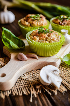 Savory muffins with mushrooms, eggs, green onion and basil