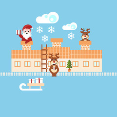 santa claus and reindeer delivering christmas presents 