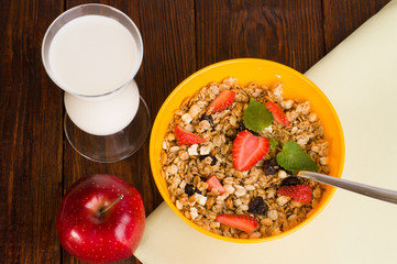 muesli with strawberries, apple