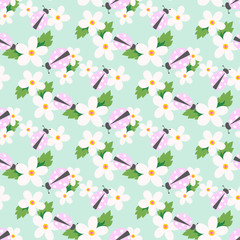 Small flower vector with ladybug. Cute white floral  seamless pattern. Floral background.
