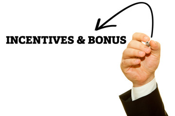 Businessman hand writing Incentives and Bonus on a transparent wipe board.
