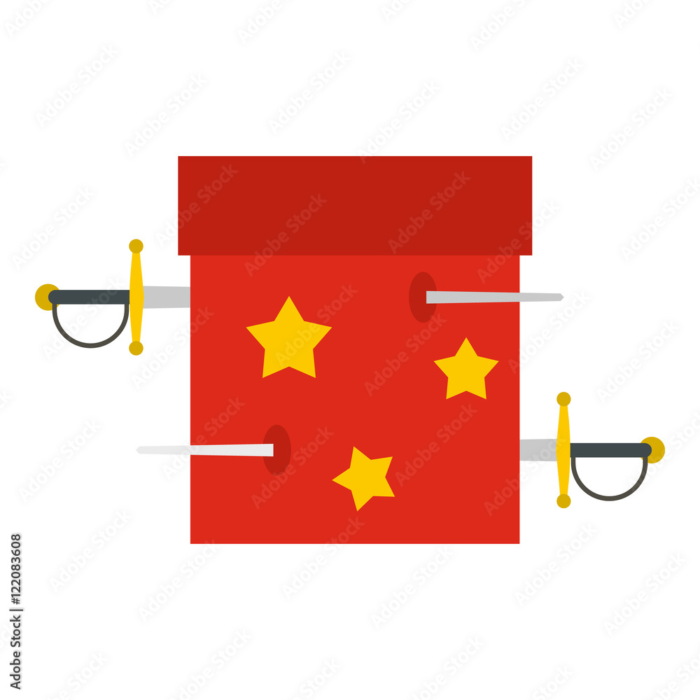 Poster box of tricks with daggers icon in flat style isolated on white background. tricks symbol vector ill