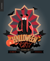 Halloween Party composed emblem invitation. Flat vectror cartoon illustrated design of a fat girl wearing mouse costume, on striped shield, bats, pumpkin jack-o-lantern, ribbon, lettering