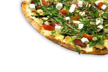 Appetizing pizza with ham, salami, arugula, cherry tomatoes, fetaksa, balsamic isolated on white