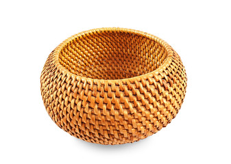 Round wicker box for clothes yellow color on a white background