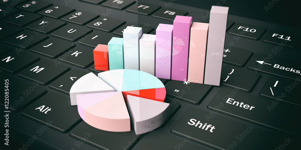 Poster bar and pie charts on a computer keyboard. 3d illustration