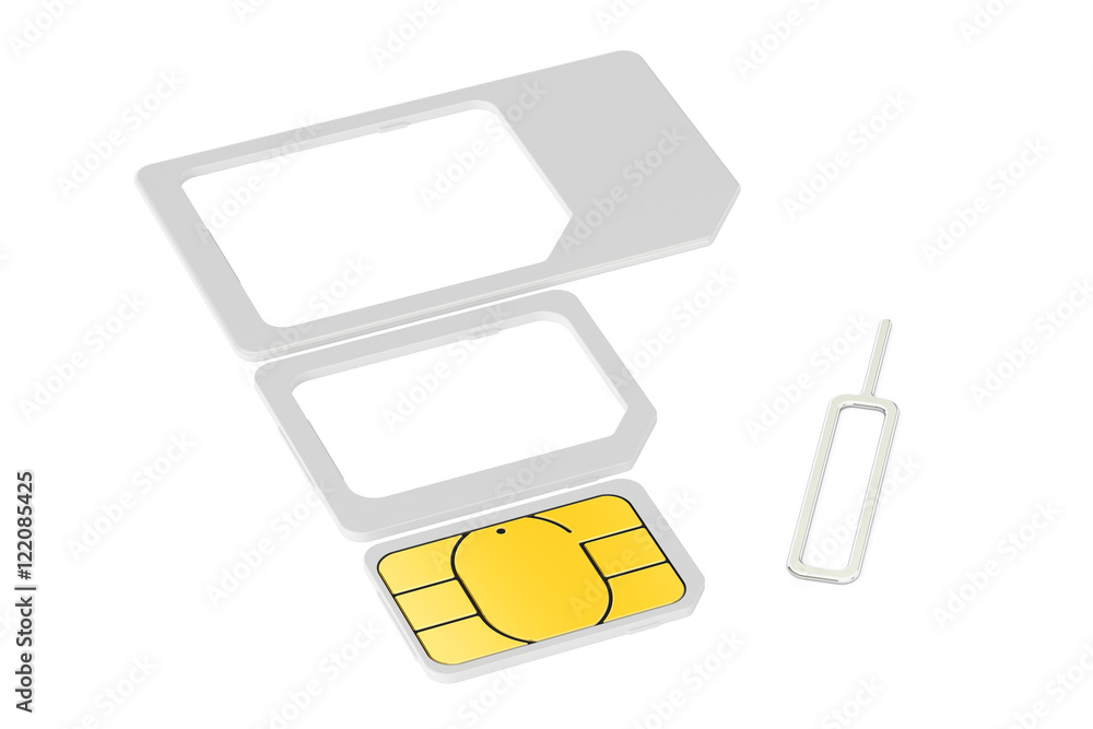 Poster mini, micro, nano sim cards with eject pin. 3d rendering